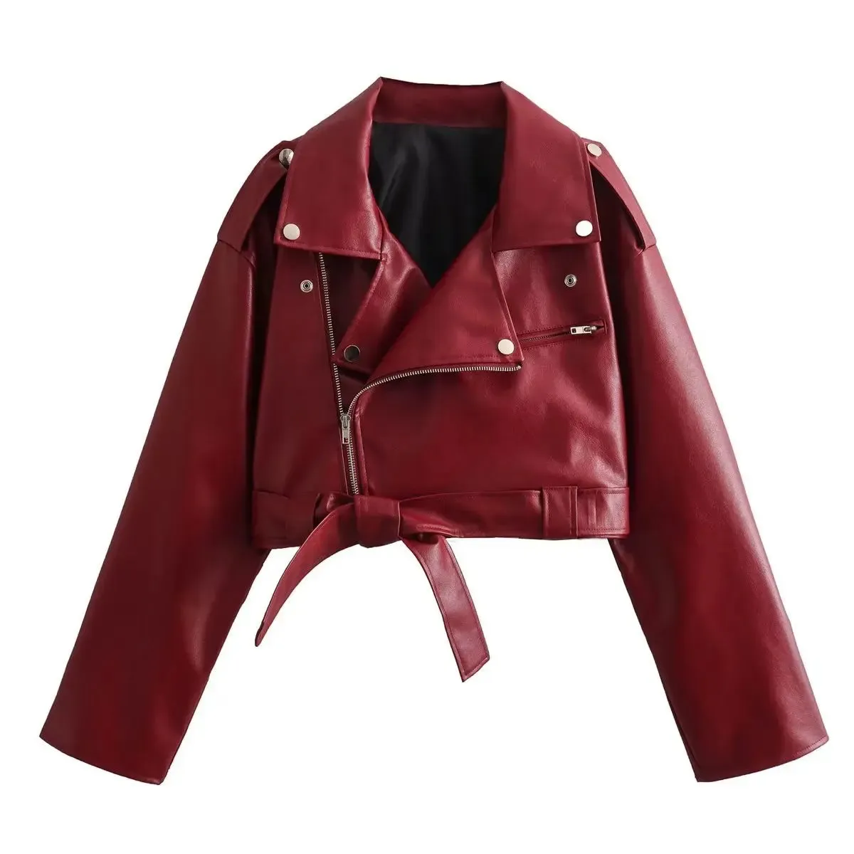 ADVBRIDGE  Bandage Red PU Jackets For Women Fashion Zipper Turn Collar Lace Up Coat Womens Winter Street Casual Short Jacket Woman