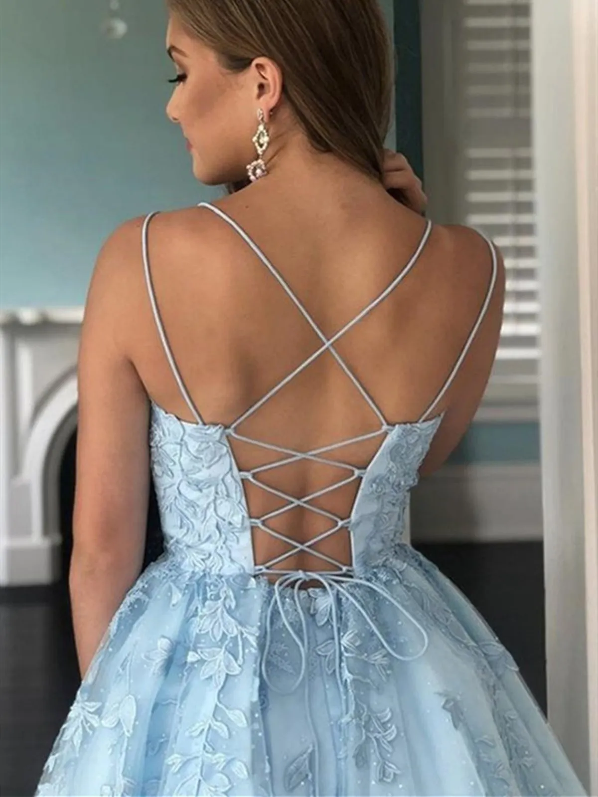 Backless Short Blue Lace Prom Dresses, Short Blue Lace Graduation Homecoming Dresses