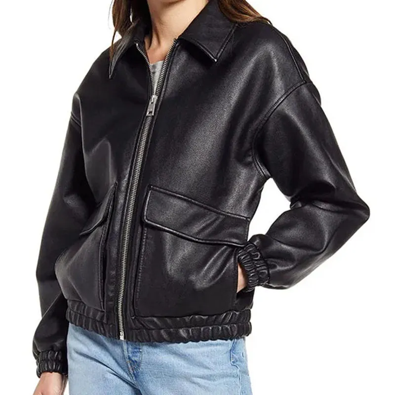 Best Style Genuine Black Leather Biker Fashion Aida Black A-2 Bomber Jacket