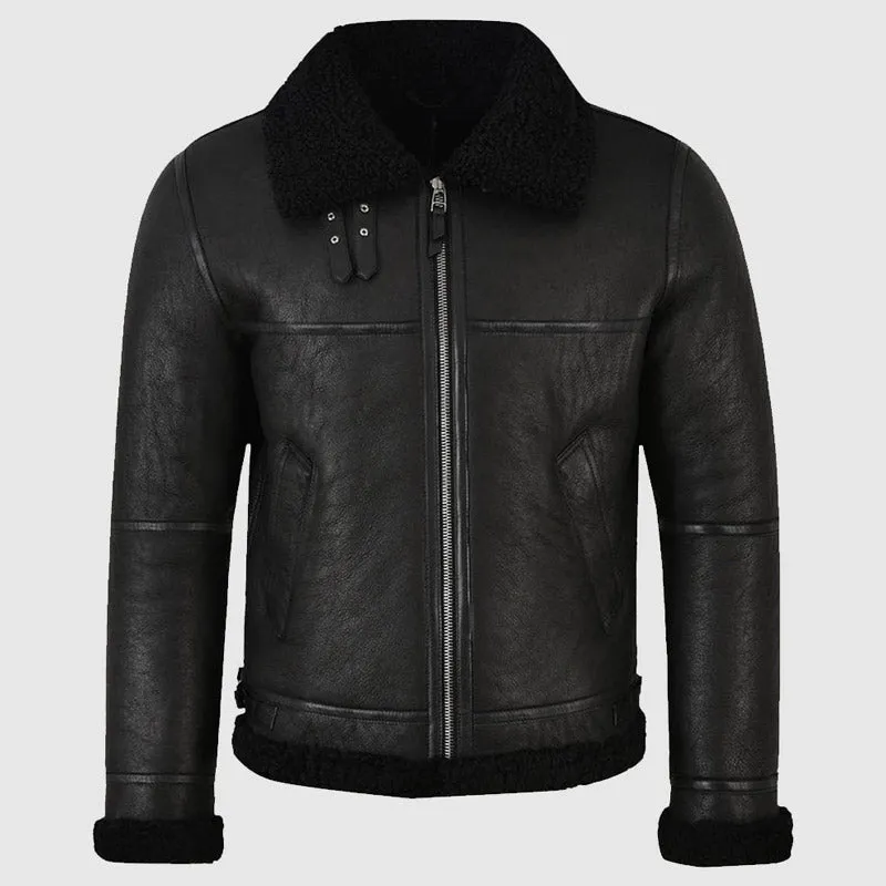 Best Style Men Winter Jet Black Shearling Leather Jacket