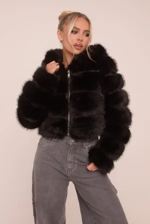 Black Faux Fur Hooded Cropped Coat - Adriel