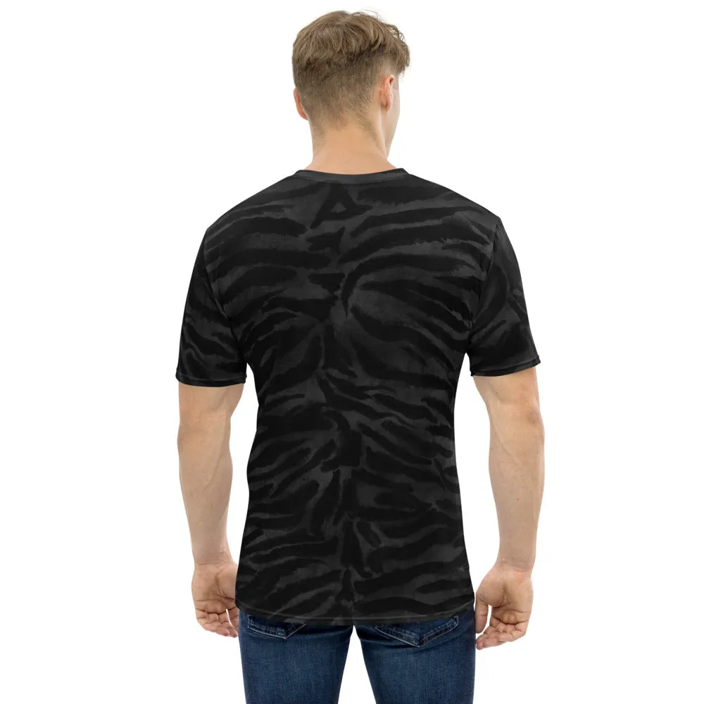 Black Tiger Stripes Men's T-shirt, Grey Animal Print Luxury Tee For Men-Made in USA/EU/MX (US Size, XS-2XL)