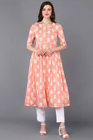 Cotton Peach Floral Printed Flared Kurta