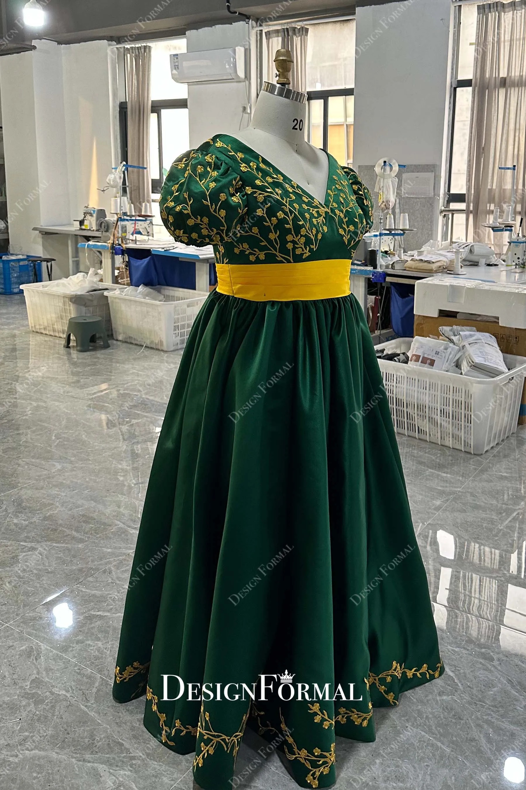 Custom Plus Size Green Satin Prom Untraditional Bridal Dress with Gold Overskirt