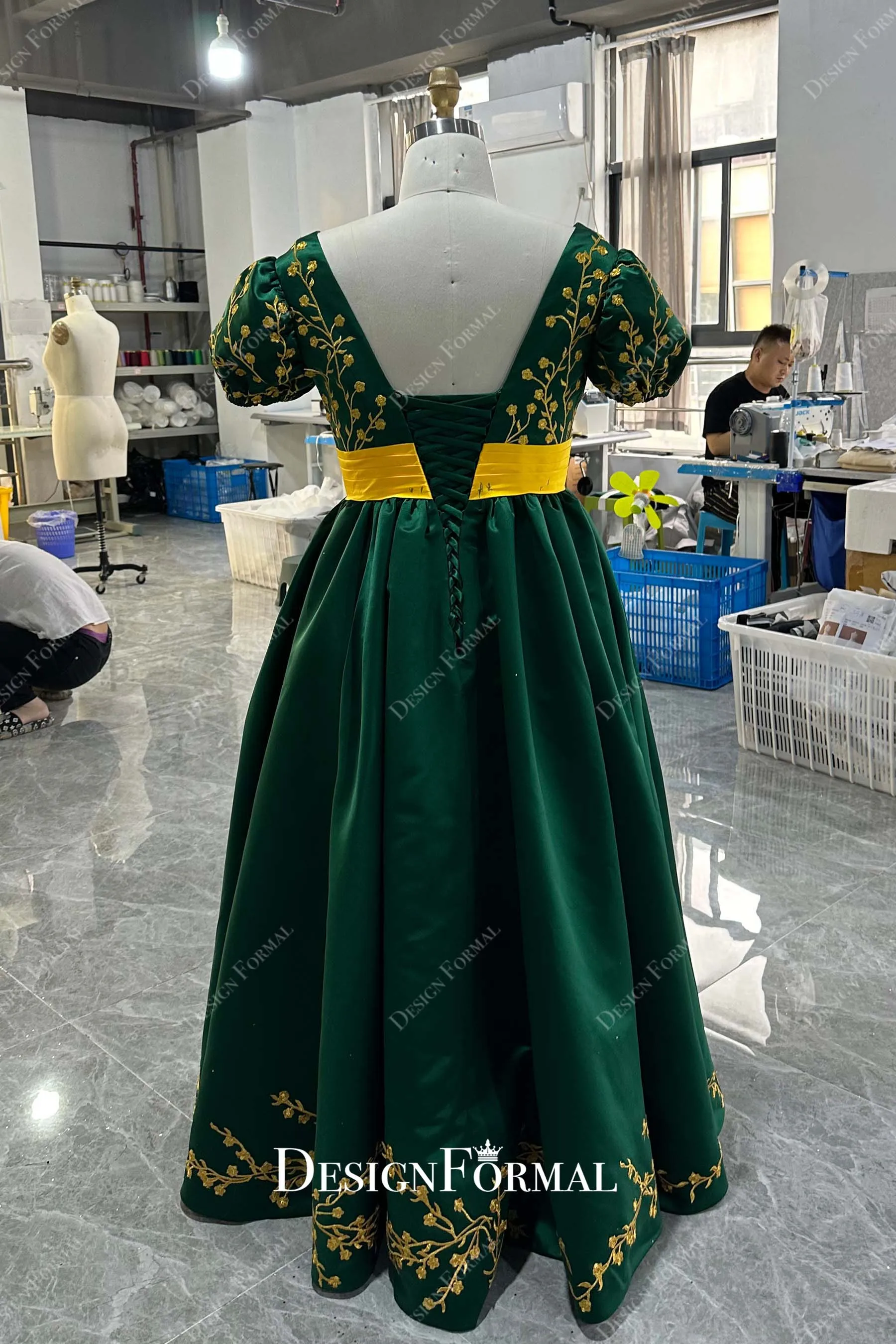 Custom Plus Size Green Satin Prom Untraditional Bridal Dress with Gold Overskirt