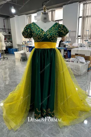 Custom Plus Size Green Satin Prom Untraditional Bridal Dress with Gold Overskirt