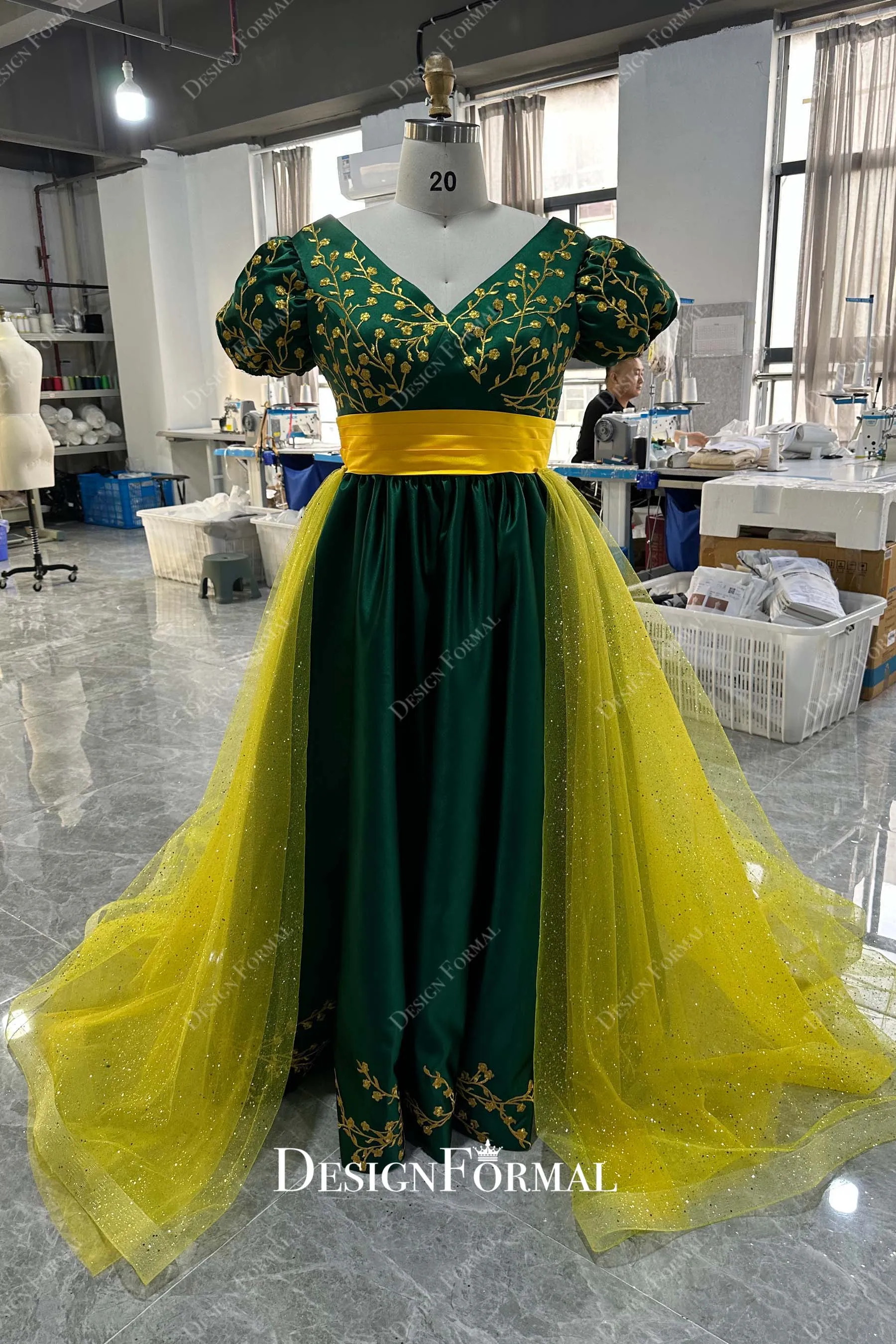 Custom Plus Size Green Satin Prom Untraditional Bridal Dress with Gold Overskirt