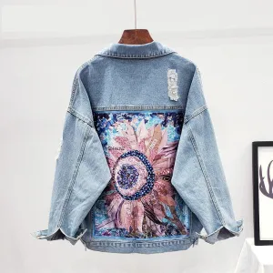 Denim Jacket Sequin Floral Appliques Embroidery Long Sleeve Outerwear