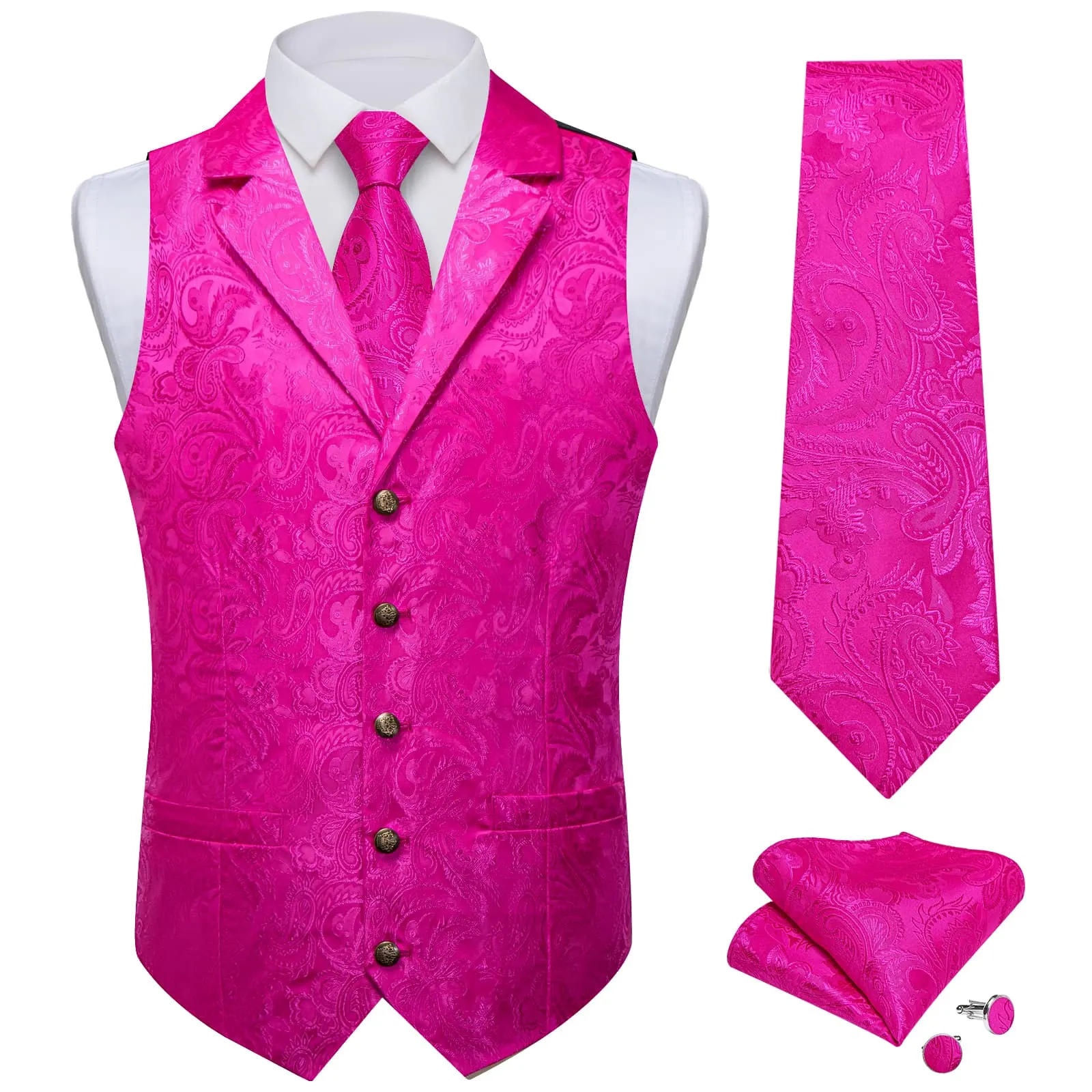 DiBanGu Bright Pink Paisley Silk Notched Collar Slim Fit Mens Waistcoat Tie Set