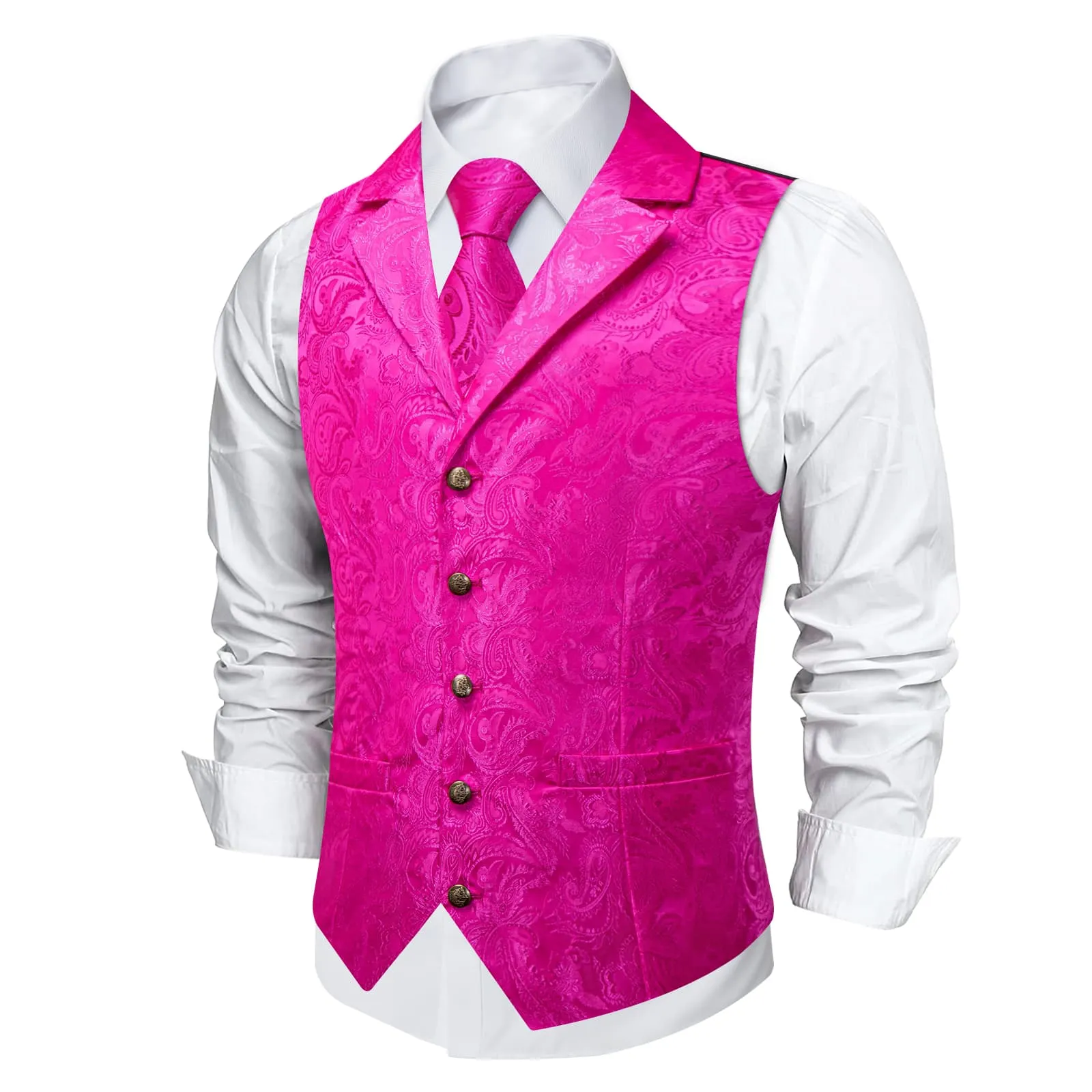 DiBanGu Bright Pink Paisley Silk Notched Collar Slim Fit Mens Waistcoat Tie Set