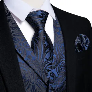 DiBanGu Deep Blue Black Paisley Notched Collar Silk Mens Dress Vest Tie Set