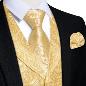 DiBanGu Light Yellow Paisley Notched Collar Silk Mens Vest Tie Set