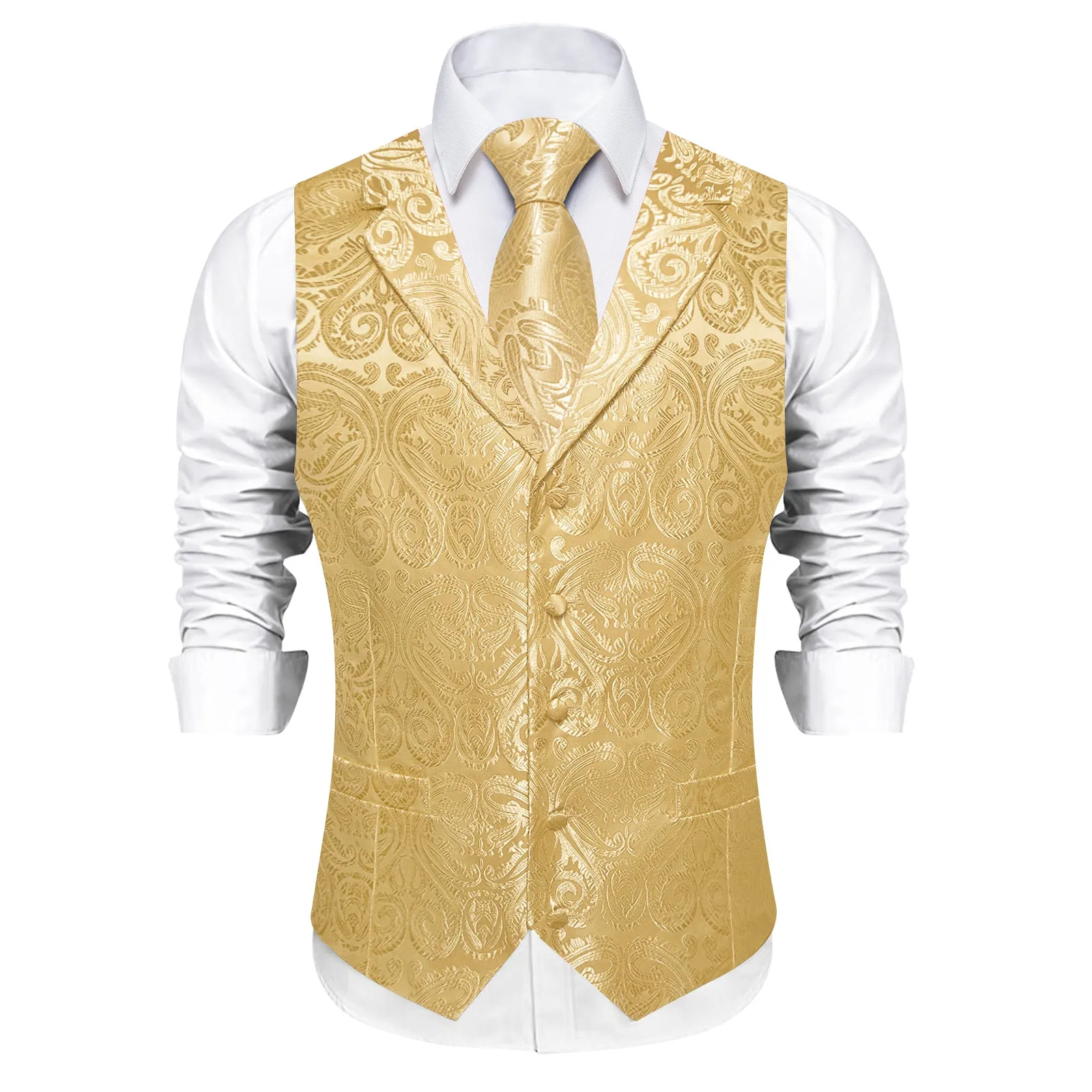 DiBanGu Light Yellow Paisley Notched Collar Silk Mens Vest Tie Set