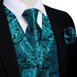 DiBanGu Notched Collar Vest Teal Floral Jacquard V Neck Mens Waistcoat Vest Tie Handkerchief Cufflinks Set