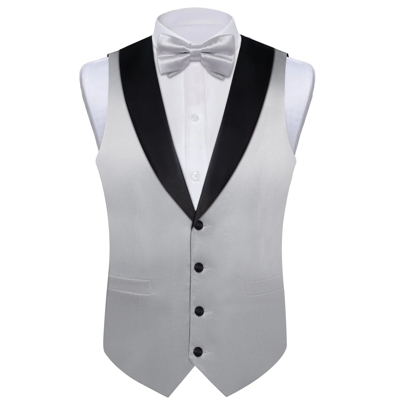 DiBanGu Tuxedo Vest Smoke Gray Solid Silk Mens Button Vest and Bow Tie Set