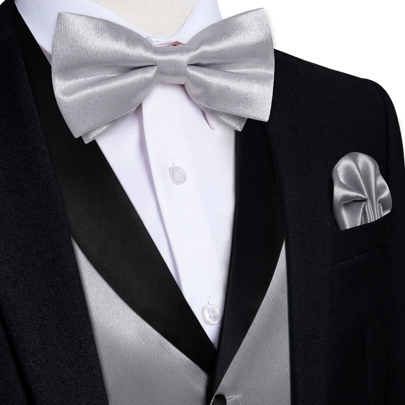 DiBanGu Tuxedo Vest Smoke Gray Solid Silk Mens Button Vest and Bow Tie Set