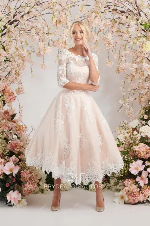 Elegant Lace Three-Quarter Sleeves Blush Tea-Length Wedding Dress