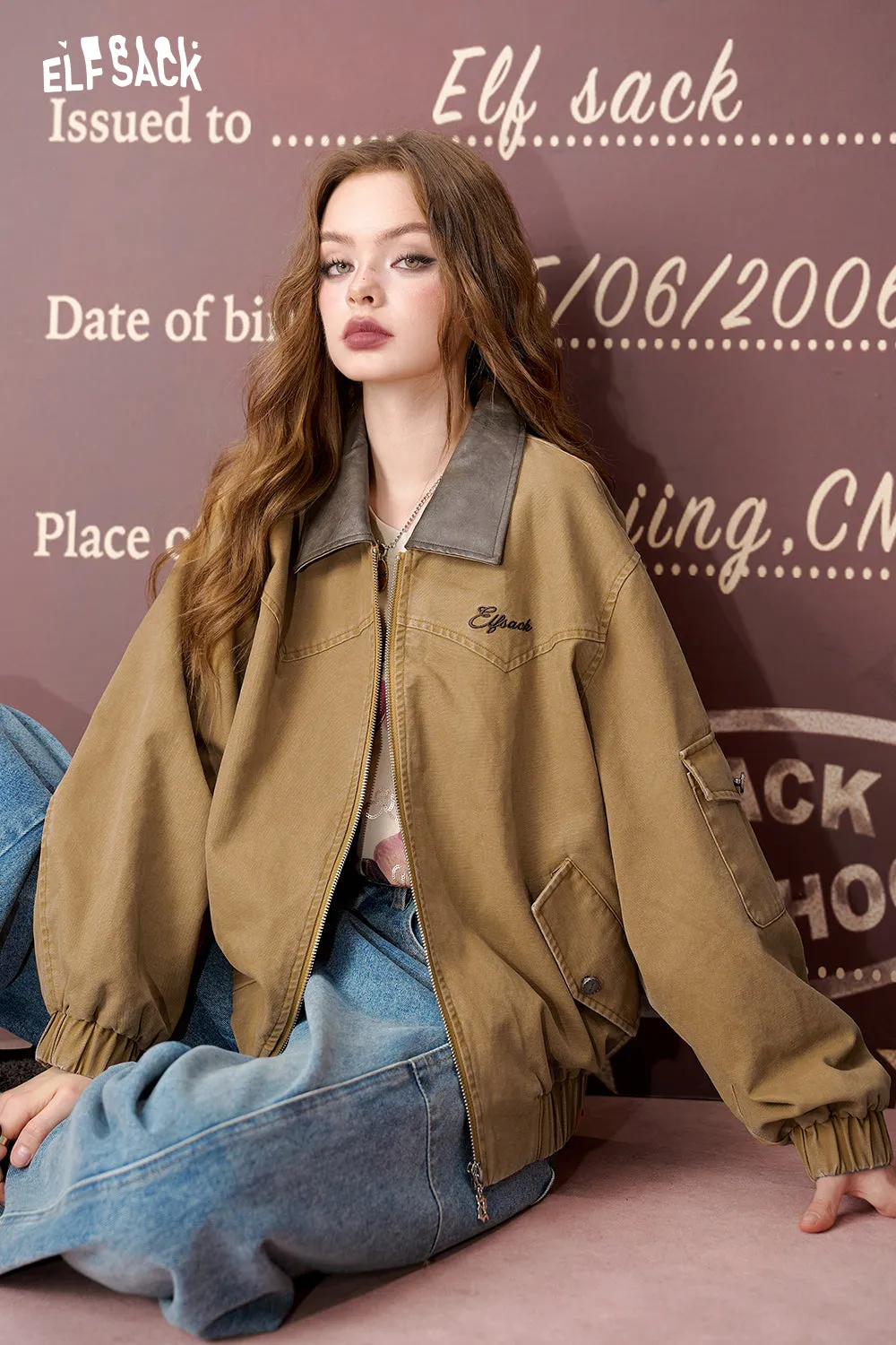 ELFSACK 2024 Autumn New Arrivals Embroidered brown retro casual short coat for women, work jacket