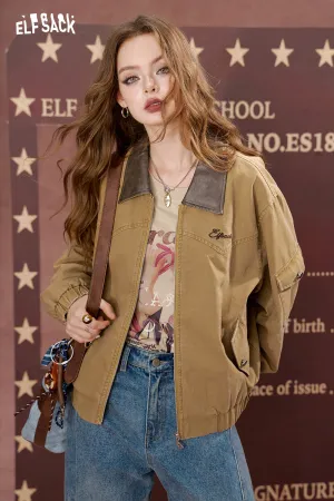 ELFSACK 2024 Autumn New Arrivals Embroidered brown retro casual short coat for women, work jacket