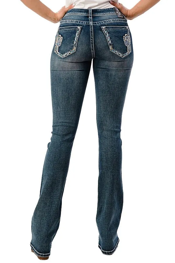 Grace in LA Cactus Embellished Mid Rise Bootcut Jeans