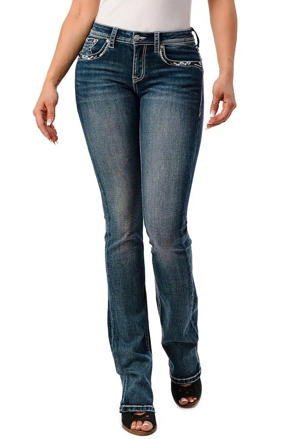 Grace in LA Cactus Embellished Mid Rise Bootcut Jeans