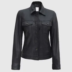 High Quality Womens Four Pocket Black Trucker Leather Jacket