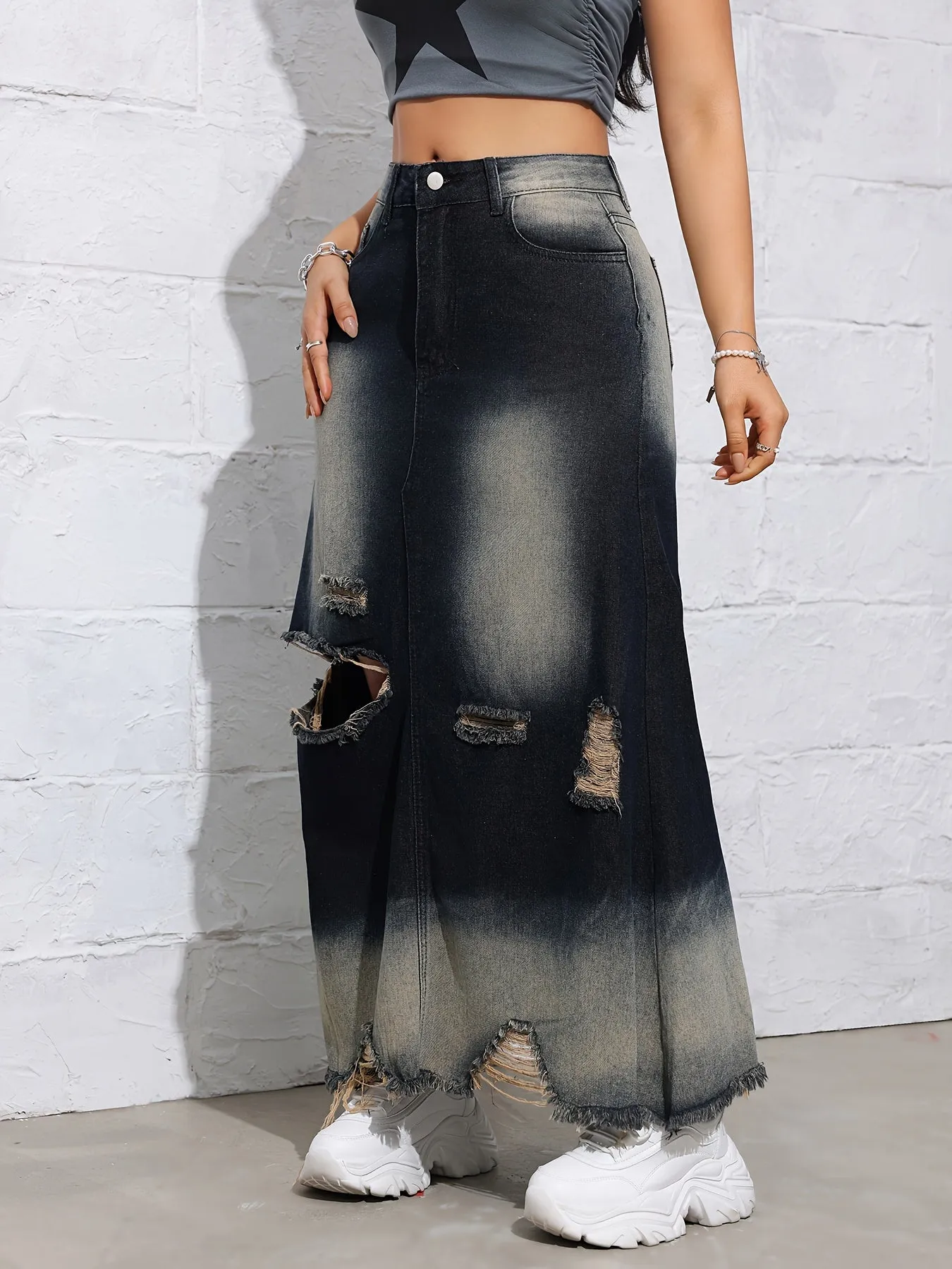 High-Waisted A-Line Long Jean Midi Skirt - Distressed Denim with Frayed Hem, Ripped Details, Retro Style, Casual Streetwear for Fall, Comfortable and Flattering Fit