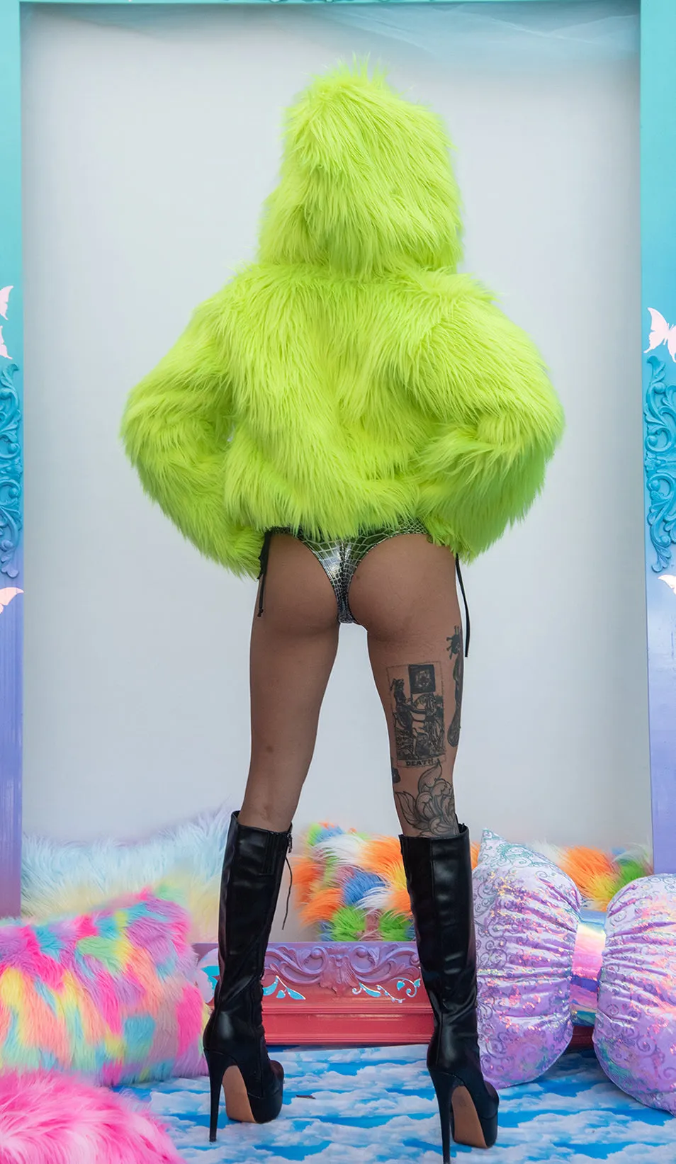 J. Valentine Neon Faux Fur Cropped Hoodie - Festival Wear