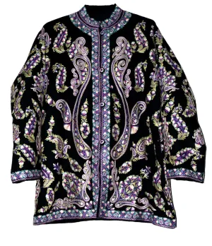 Kashmiri Woolen Jacket Black, Multicolor Embroidery #AO-037