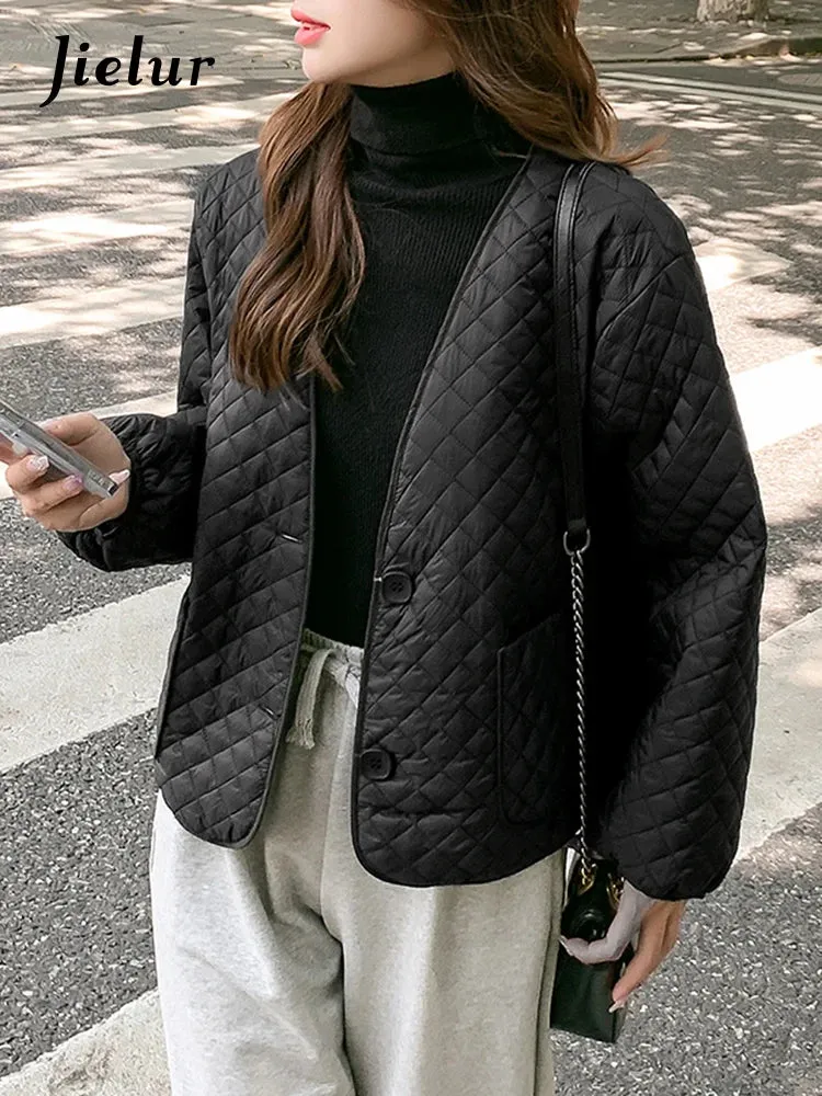 Korean Fashion Cotton Jacket Women Winter Casual Simple Lingge Beige Black Parkas Loose Short Jackets Woman Coat M-2XL