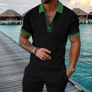 Men's Elegant 3D Printed Short Sleeve Zip Lapel Shirt Set