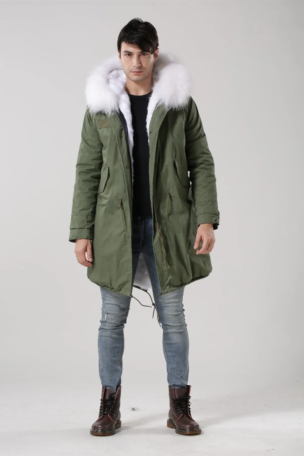 Men's White Fur Lined Green Convertible Parka