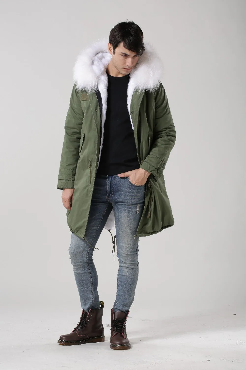 Men's White Fur Lined Green Convertible Parka