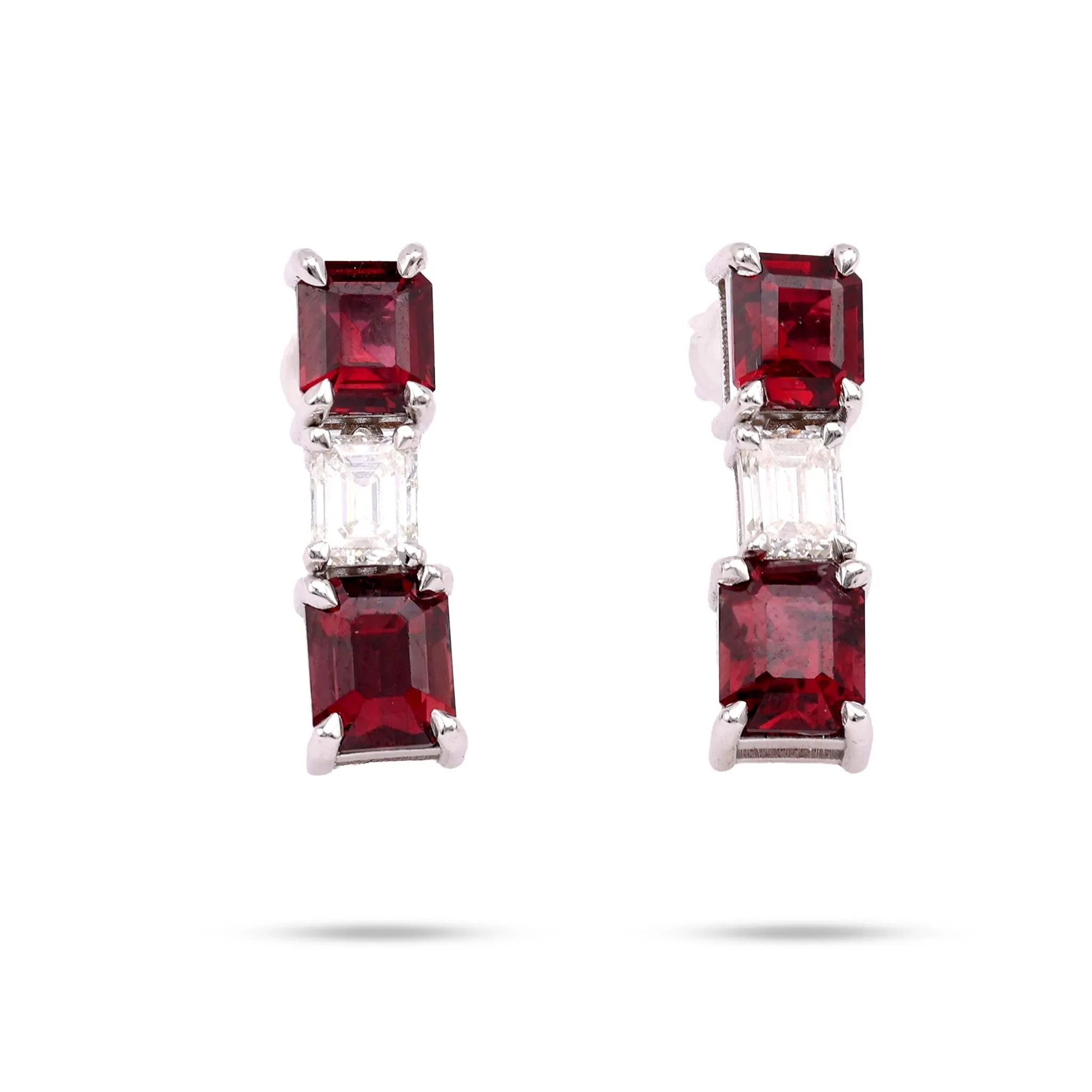 Modern 3.7 Carat Emerald Cut Ruby Diamond 14K White Gold Earrings