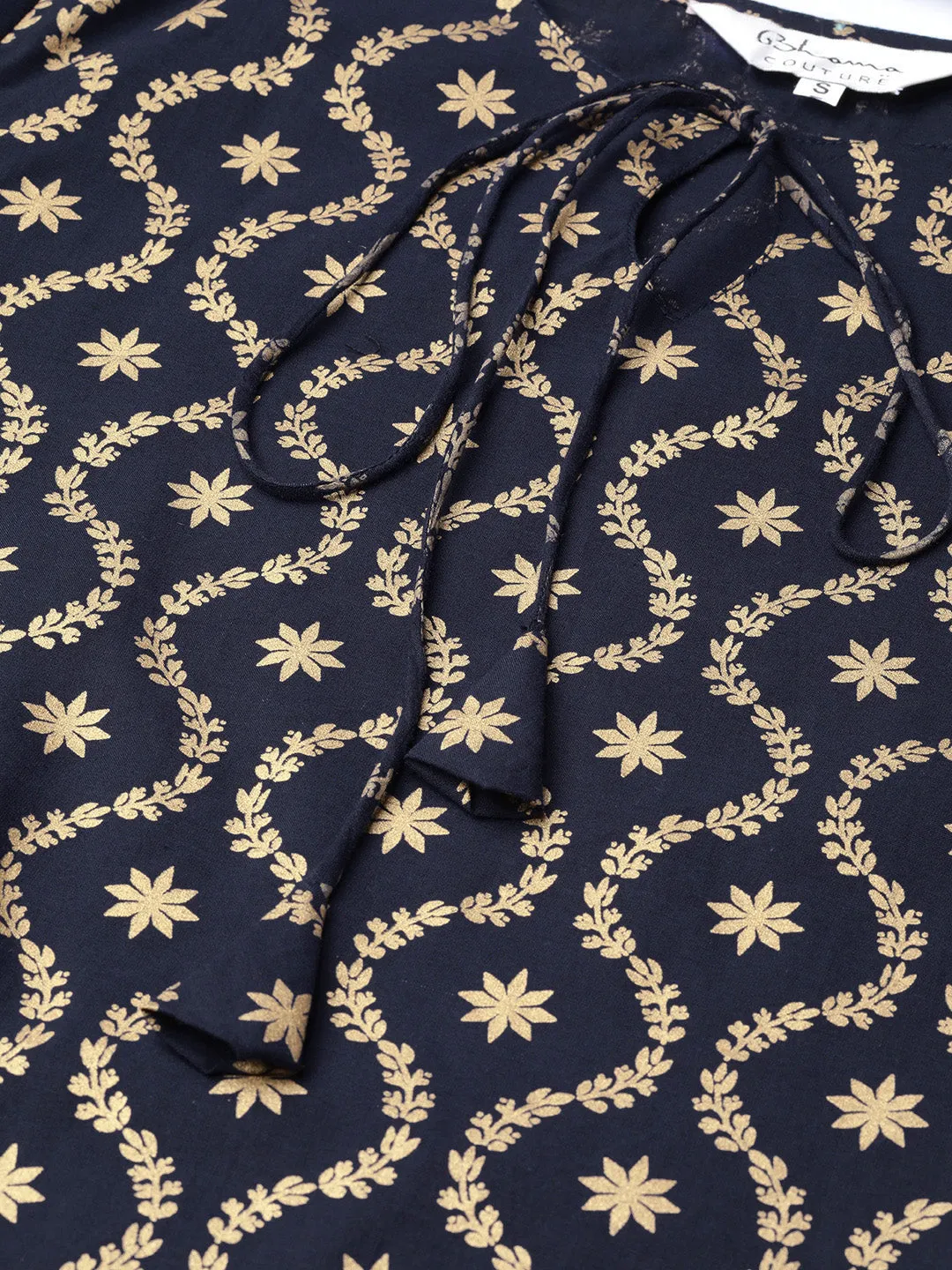 Navy Blue & Golden Block Printed Straight Kurta