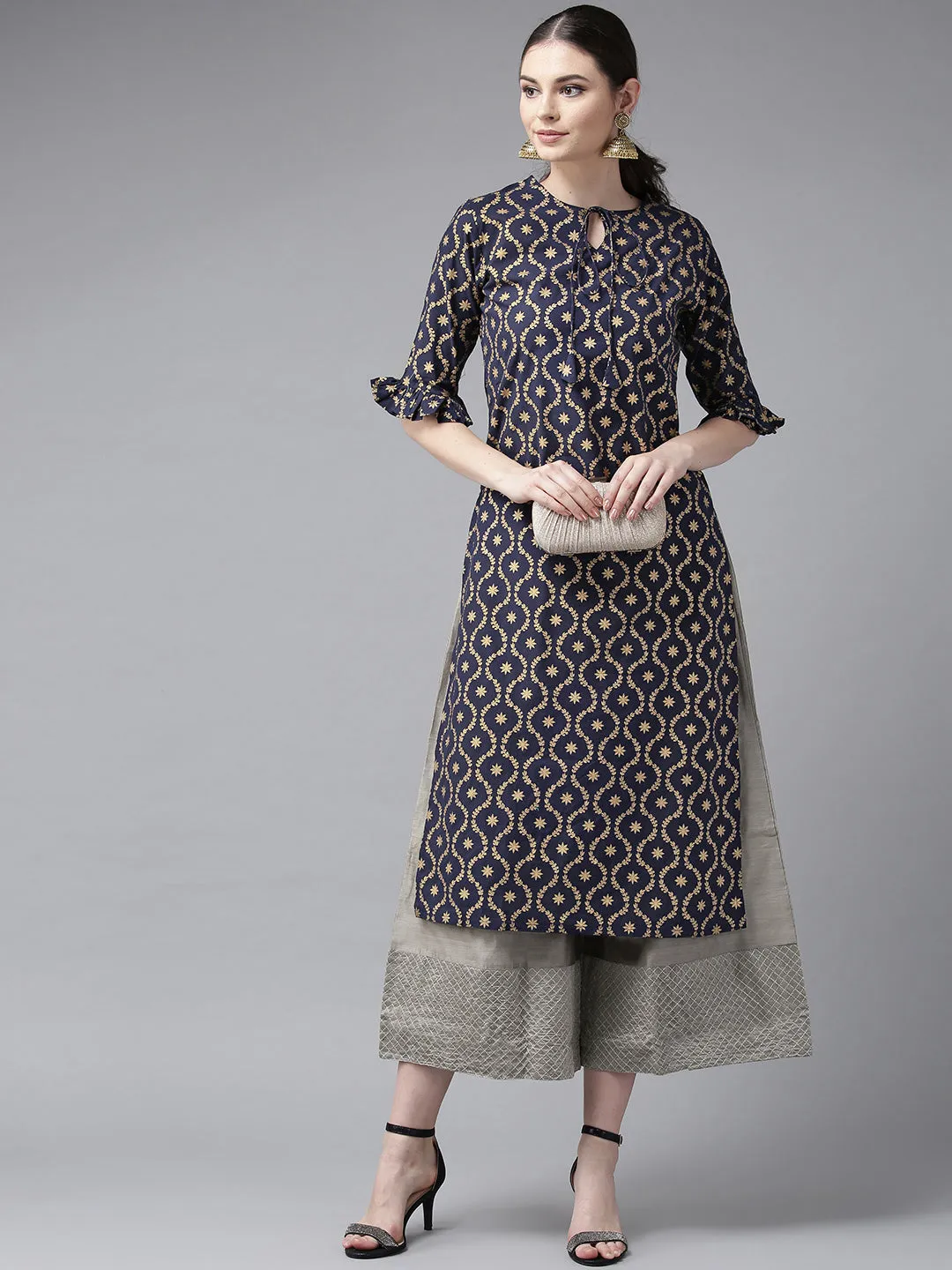 Navy Blue & Golden Block Printed Straight Kurta