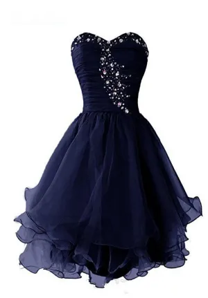 Navy Blue Sweetheart Short Homecoming Dress Sparkly Crystal Organza Short Formal Dress