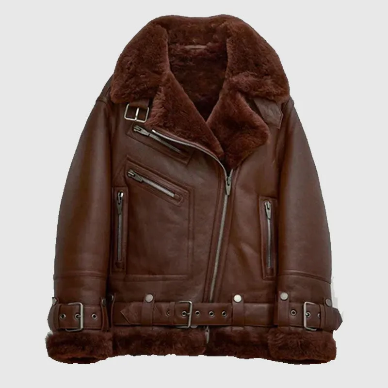 New Style 2022 Women Brown Aviator Styled Sheepskin Shearling Leather Jacket