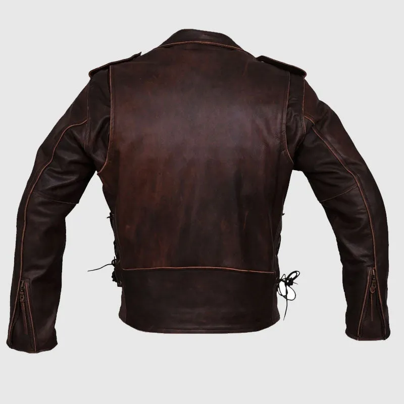 Premium Quality Mens Brown Distressed Leather Marlon Brando Biker Motorcycle Armoured Jacket YKK