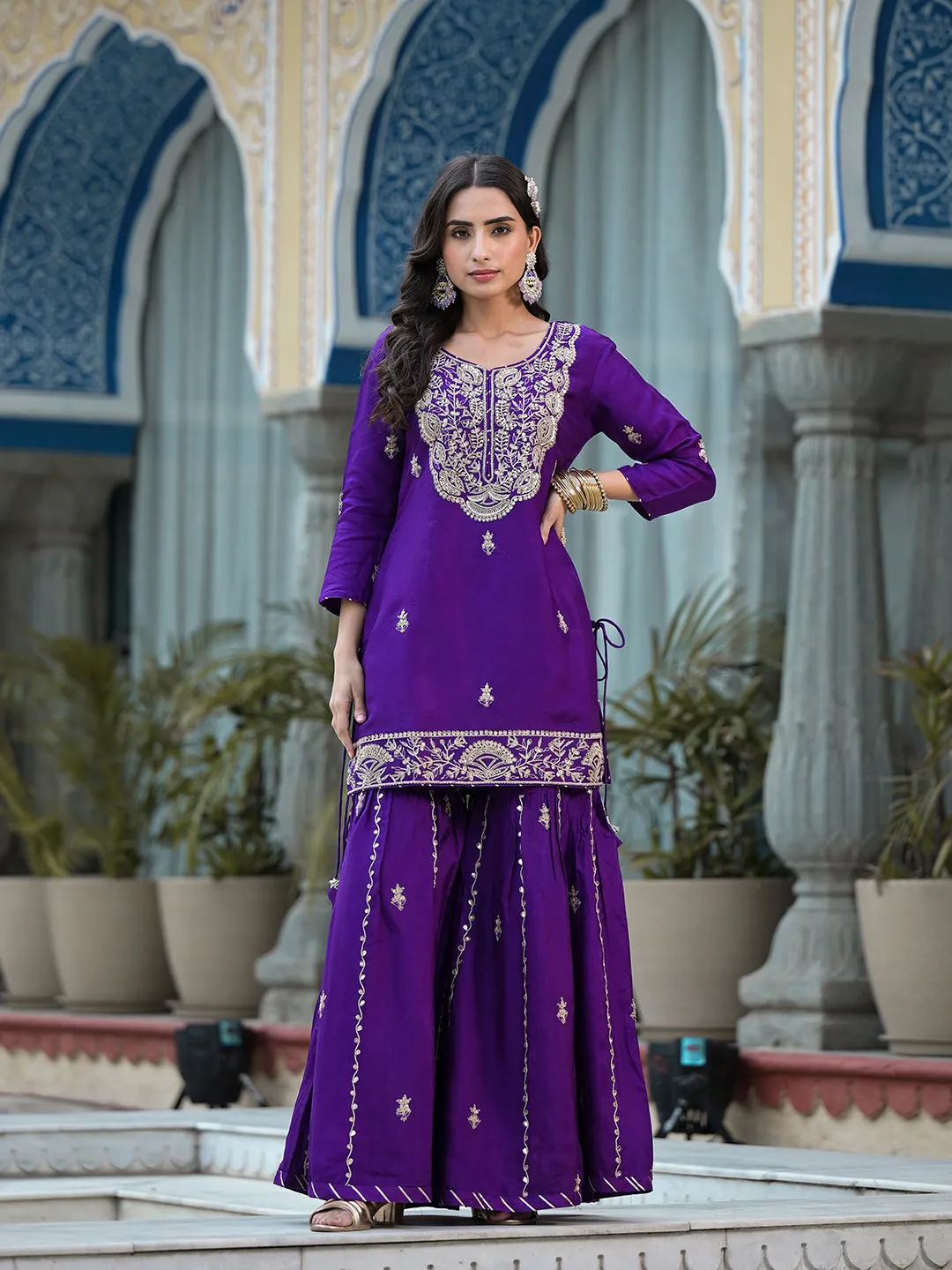 Purple Marodi Hand Work Russian Silk Kurta Sharara Set With Organza Dupatta