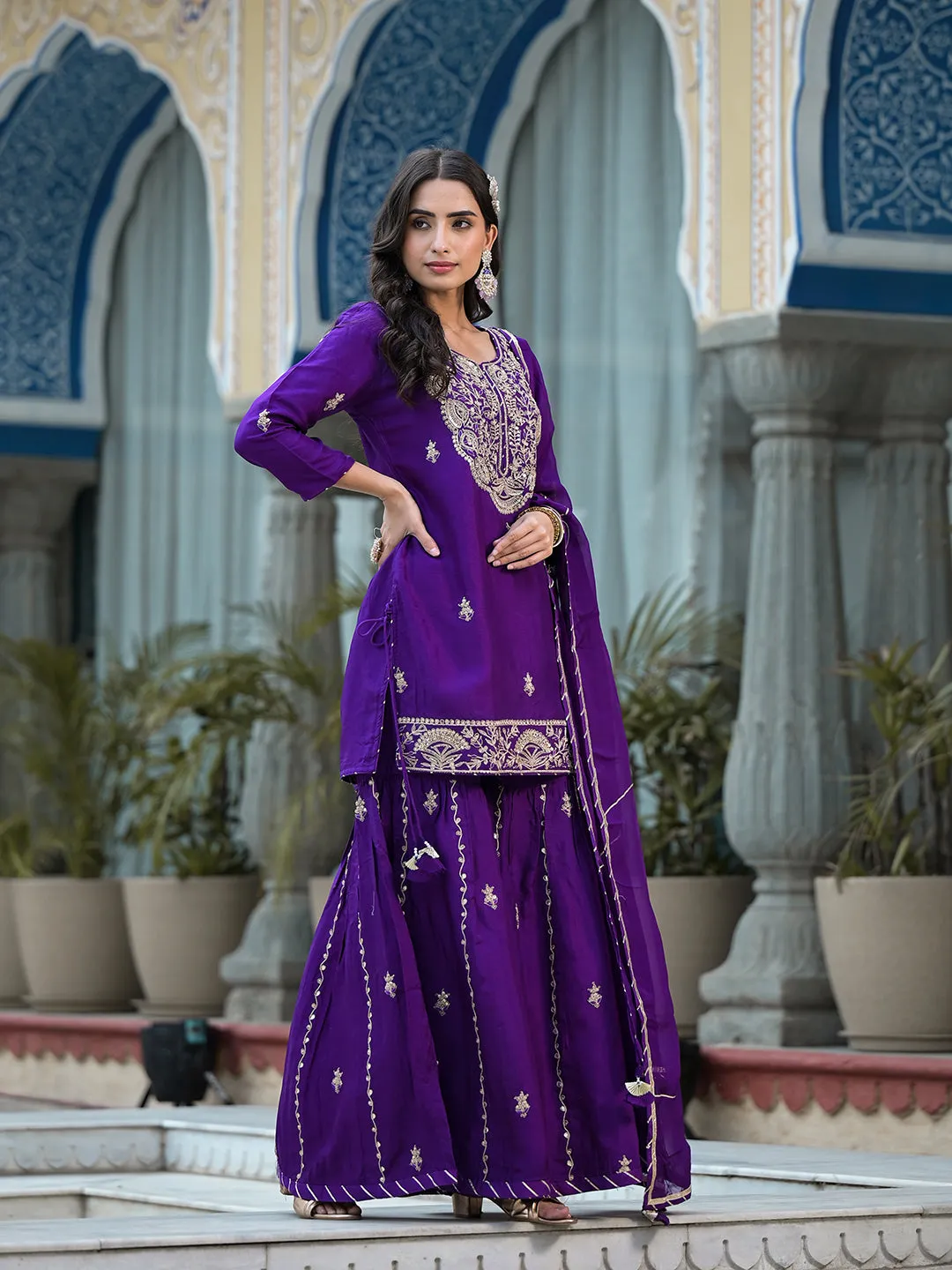 Purple Marodi Hand Work Russian Silk Kurta Sharara Set With Organza Dupatta