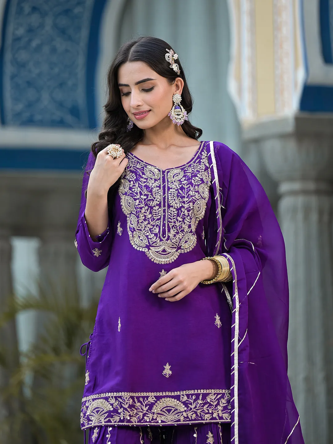 Purple Marodi Hand Work Russian Silk Kurta Sharara Set With Organza Dupatta