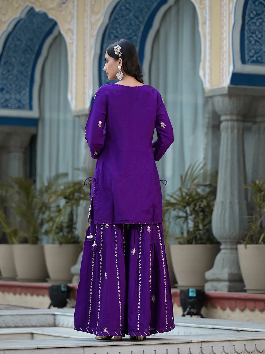 Purple Marodi Hand Work Russian Silk Kurta Sharara Set With Organza Dupatta