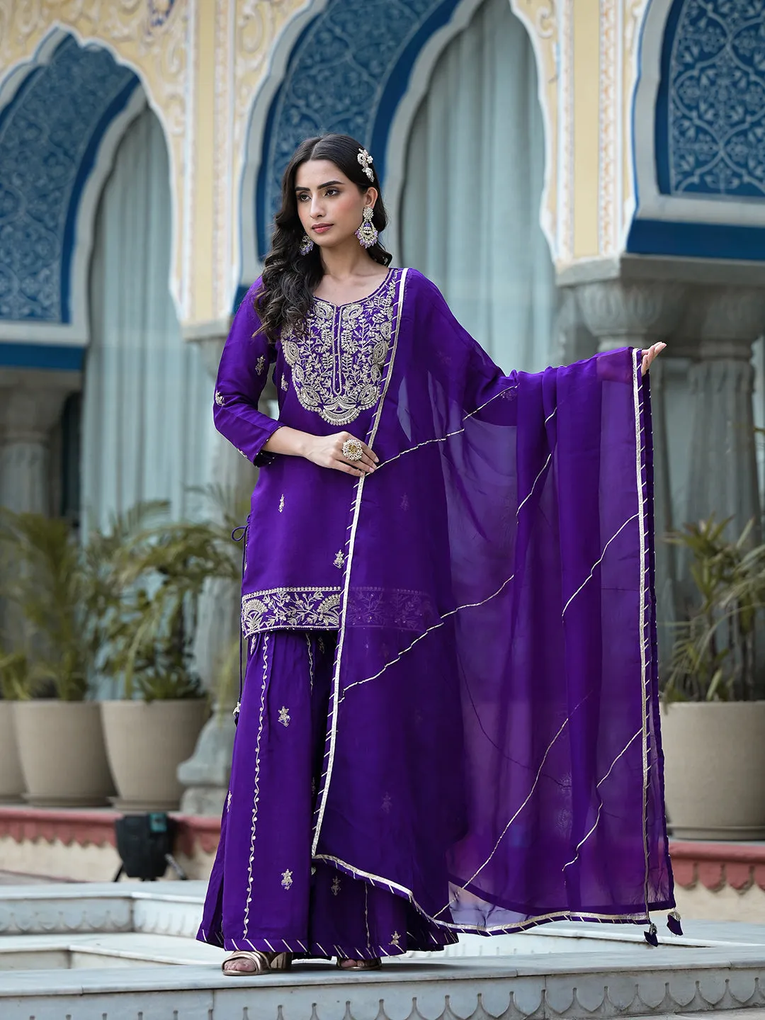 Purple Marodi Hand Work Russian Silk Kurta Sharara Set With Organza Dupatta