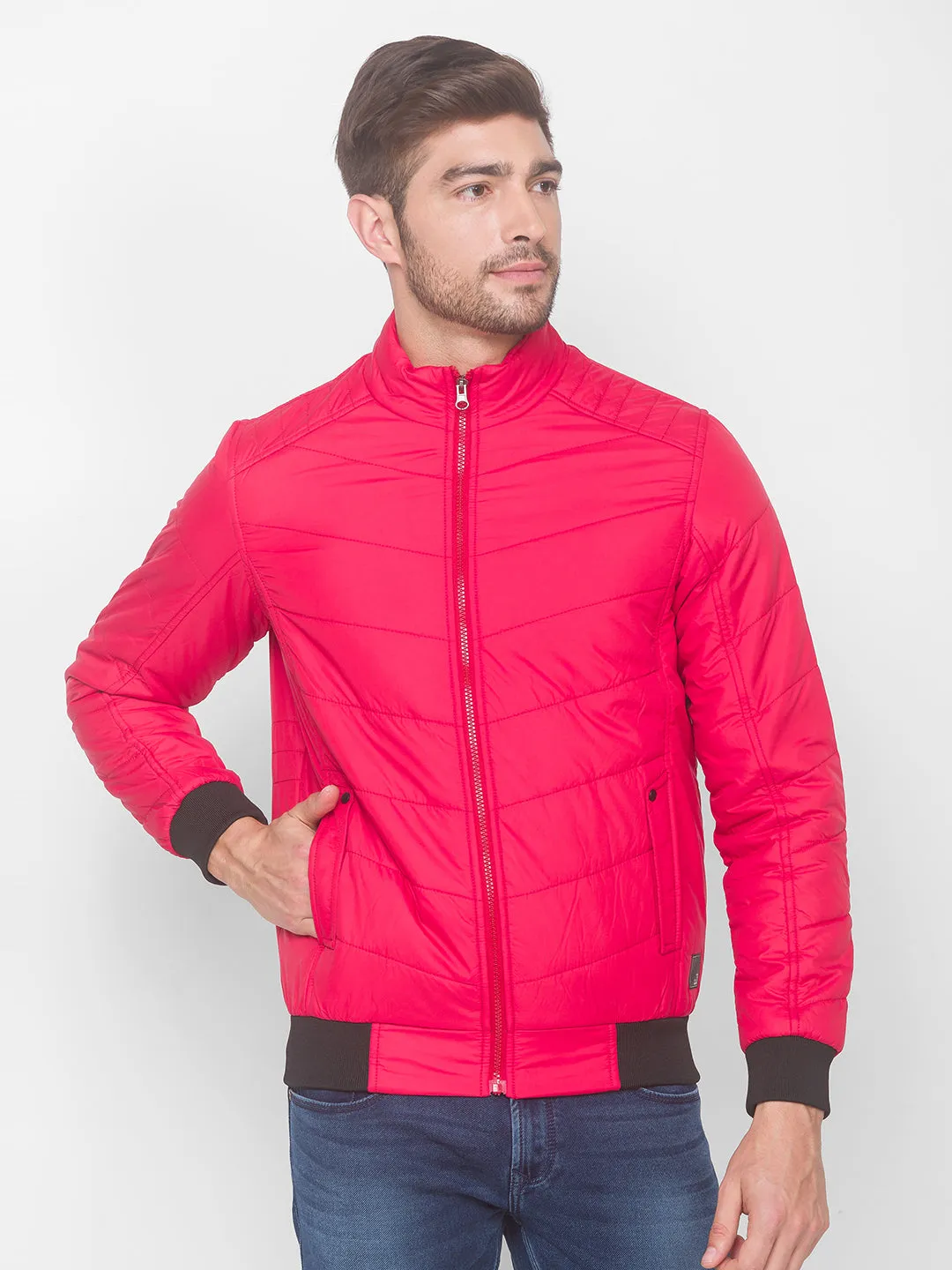 Spykar Deep Red Polyester Men Front Open Jacket