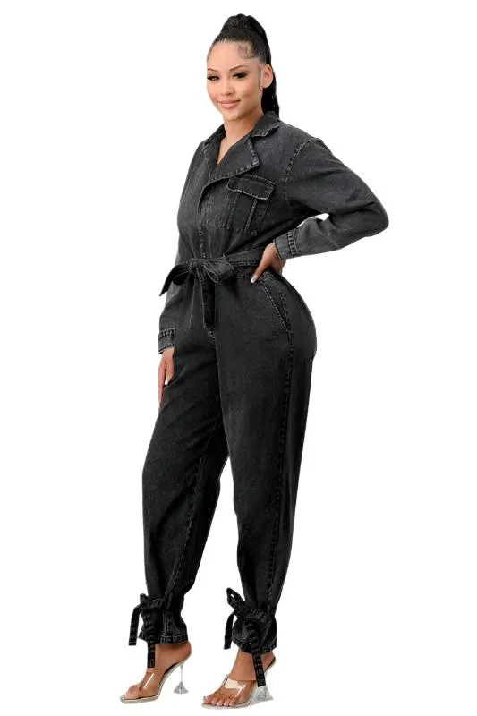 TEEK - BLACK WASHED DENIM TIE ANKLE JUMPSUIT