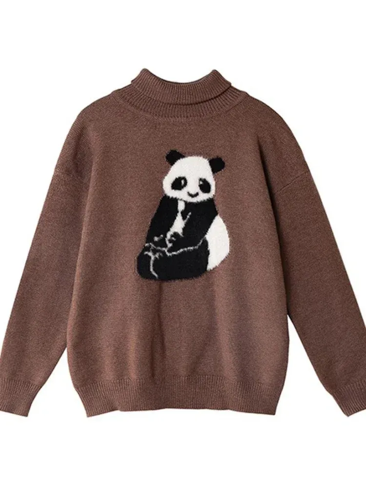 Turtlenek Sweaters For Women Ladies Cartoon Panda Embroidery Cute Knitted Pulover Winter Teenagr Girl Long Sleeve Warm Tops