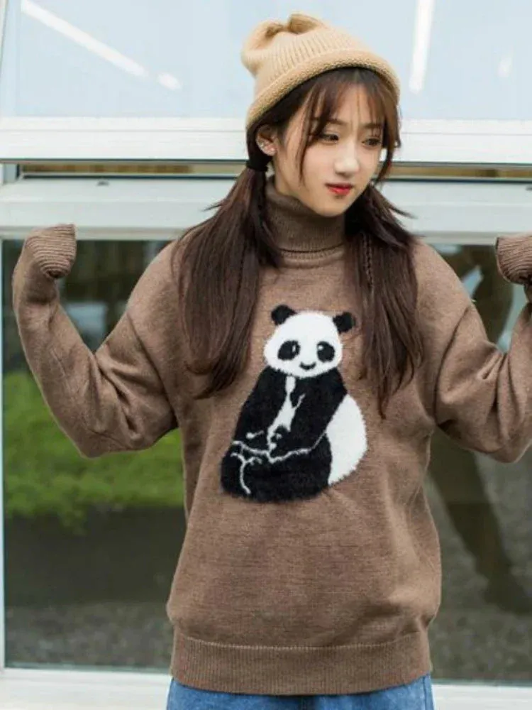 Turtlenek Sweaters For Women Ladies Cartoon Panda Embroidery Cute Knitted Pulover Winter Teenagr Girl Long Sleeve Warm Tops