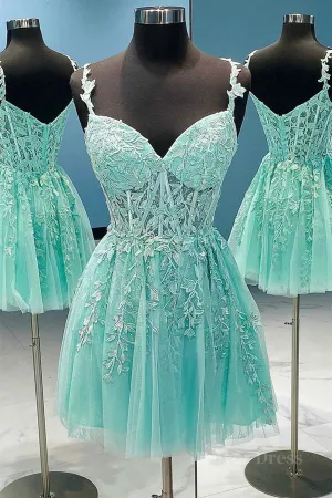 V Neck Mint Green Lace Short Prom Dress Mint Green Lace Homecoming Dress Mint Green Formal Evening Dress