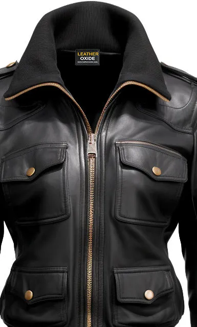 Women Black Biker Bomber Leather Jacket